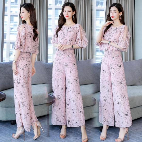 

two piece dress 2021 summer women 2 sets elegant sweet lady lace patchwork shirt blouse+wide leg pants trousers suits, White