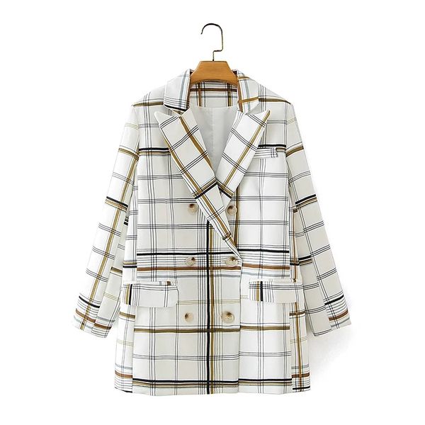 

women fashion plaid striped blazers ladies pockets full sleeve double breasted suit chic female streetwear casual 210521, White;black