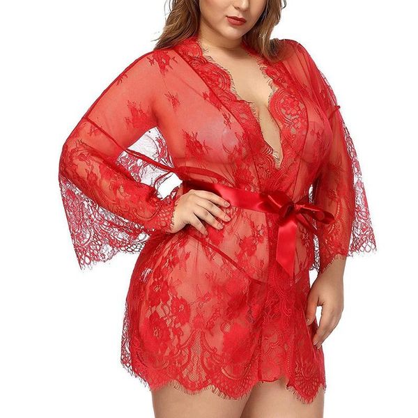

plus size ladies bathrobe see though underwear lace robe women bridesmaid robes kimono lingerie porno sleepwear women's, Black;red