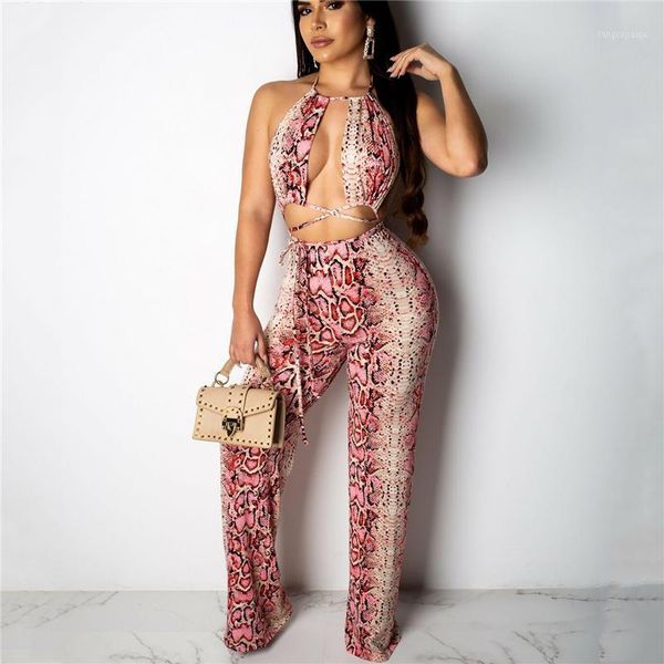 

two piece dress women summer 2pcs lady snakeskin bandage hallter backeless crop pants sets slim fit clubwear outfits set, White