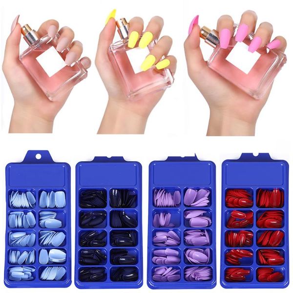 

false nails 24/120pcs matte short ballerina french manicure detachable artificial full cover coffin fake press on nail, Red;gold