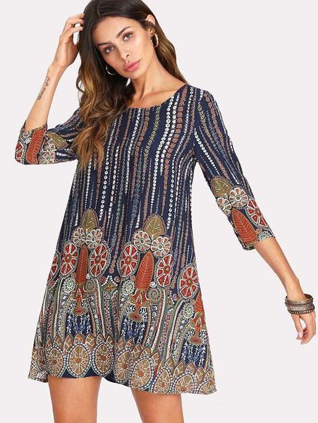 

3/4 sleeve mixed print tunic dress she, Black;gray