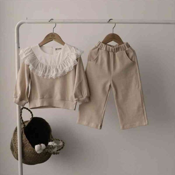 

spring arrival girls long sleeve 2 pieces suit kids lace pants clothes, White