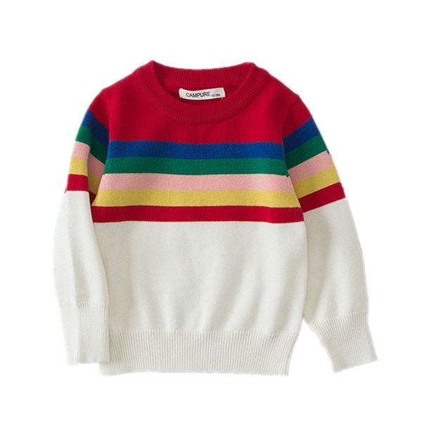 Manga Longa Rainbow Striped Knit Kids Sweater Infantil Bebé Bebé Pullover Boy Boy Casaco de Algodão Infantil Roupas 1-7Y 210429