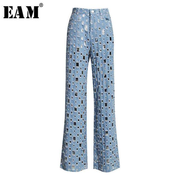 

[eam] wide leg blue denim hollow out long jeans high waist loose women trousers fashion spring autumn 1k434 211129