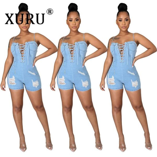

women's jeans xuru suspenders open back denim jumpsuit european and american summer, Blue