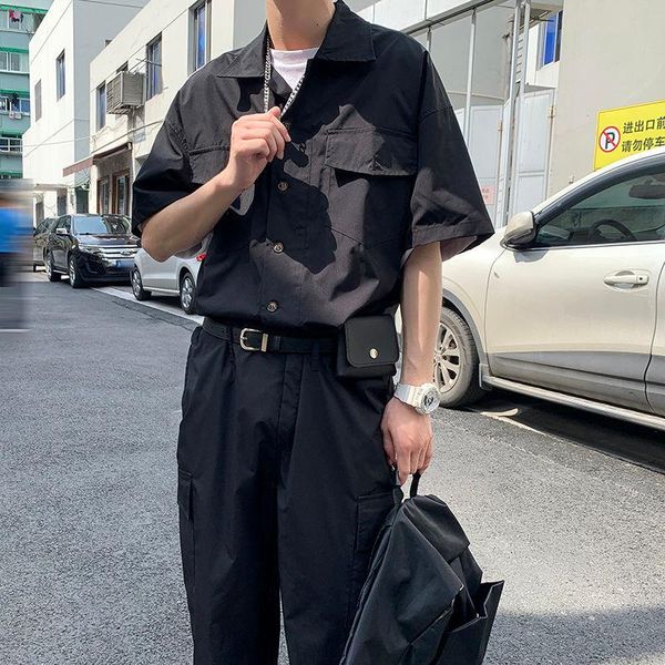 

men's casual shirts jumpsuit short-sleeved shirt solid color cargo suit loose fashion personality sport tidal current streetwear arriva, White;black