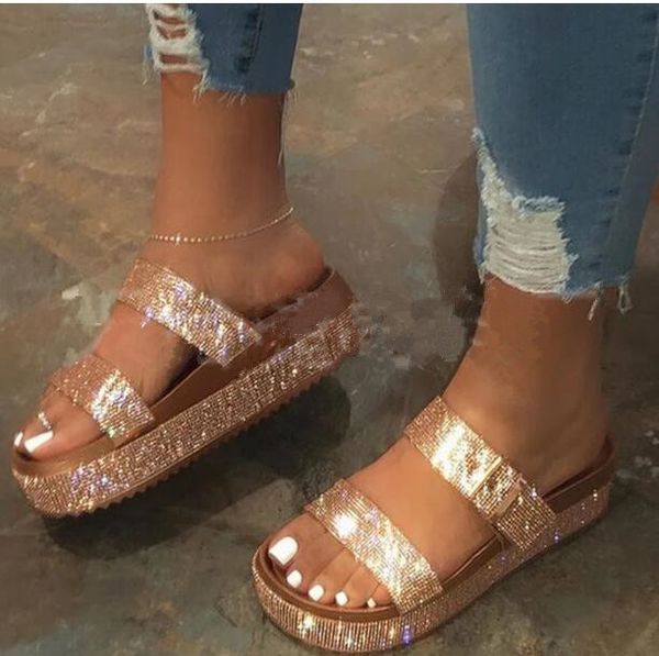 

2021 women double-layer rhinestone buckle sandals indoor outdoor wild beach slippers ladies leisure home travel flip flop 1, Black
