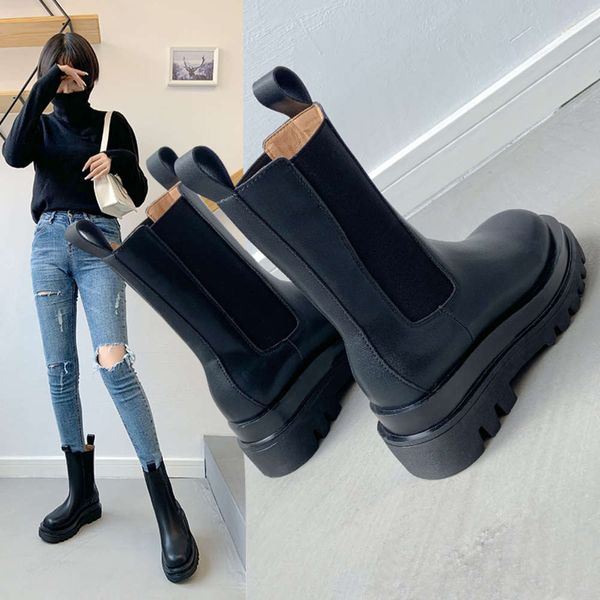 

boots mona net red same leather chelsea women's 2021 autumn and winter thick bottom chimney long barrel martin shoes, Black
