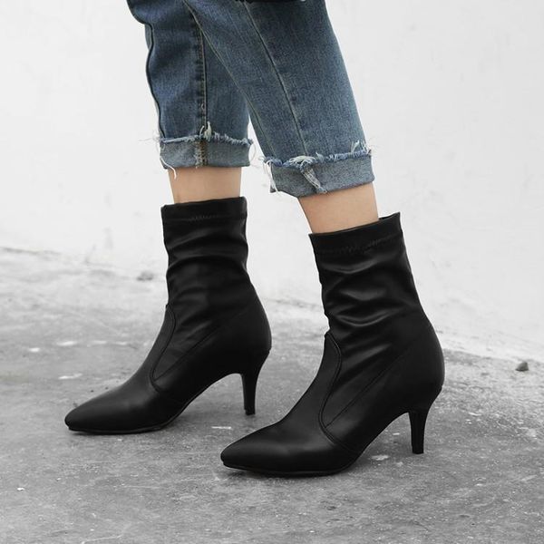 

boots big size 9 10 11 12 women shoes ankle for ladies woman winter pleated sleeve tapered heel, Black