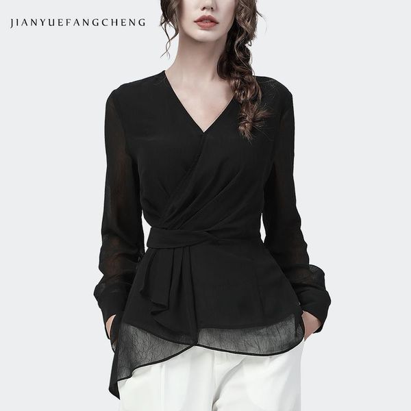 

women's blouses & shirts 2021 early autumn french style elegant black chiffon blouse women long sleeve v-neck tunic shirt fashion offic, White