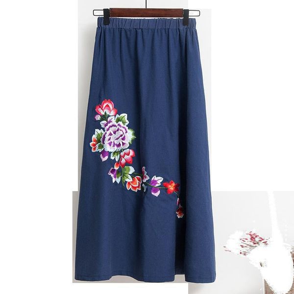 

skirts spring autumn cotton and linen women's blue skirt 2021yanqinghuan harajuku embroidery flowers ethnic style clothing, Black