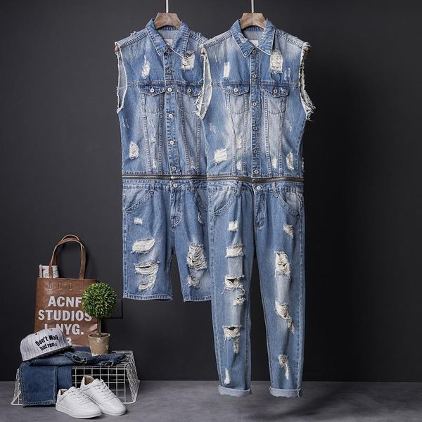 

men's jeans one piece overalls men sleeveless denim jumpsuits rompers casual zipper male holes ripped pants trousers cowboys plus size, Blue