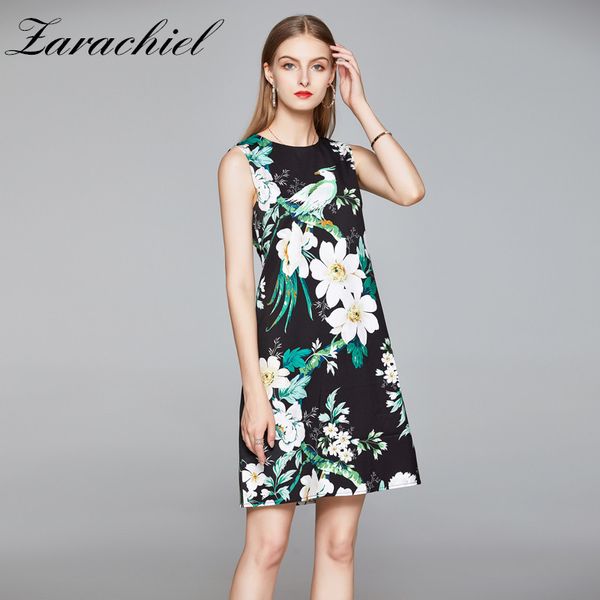 

fashion designer black phoenix bird floral print women summer runway female sleeveless o-neck a-line tank dresses 210416, Black;gray
