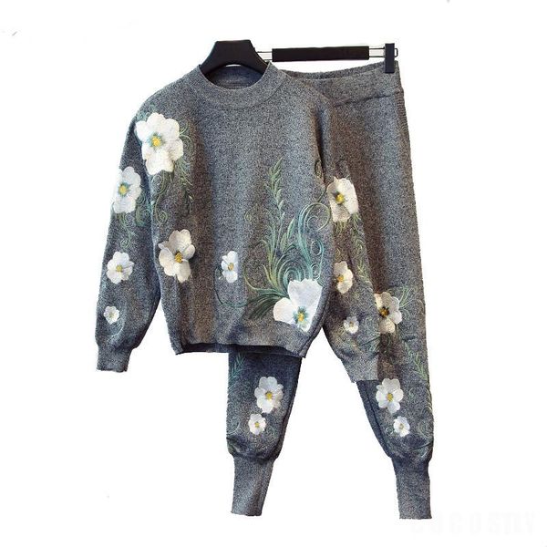 

women's two piece pants winter 2 sets women embroidery knitted sweatshirt pant suits elastic waist pullovers tracksuit femme, White
