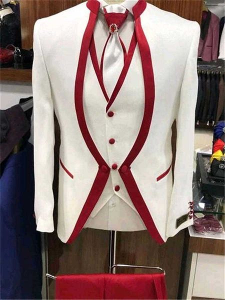 Bianco Rosso Bordo Abbigliamento di Scena Per Uomo Completo Completo Uomo Abiti da sposa Costume Sposo Smoking Formale (Giacca + Pantaloni + Gilet + Cravatta) X0909