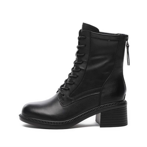 

boots block heel for women winter 2021 thick leather bottine shoes, Black
