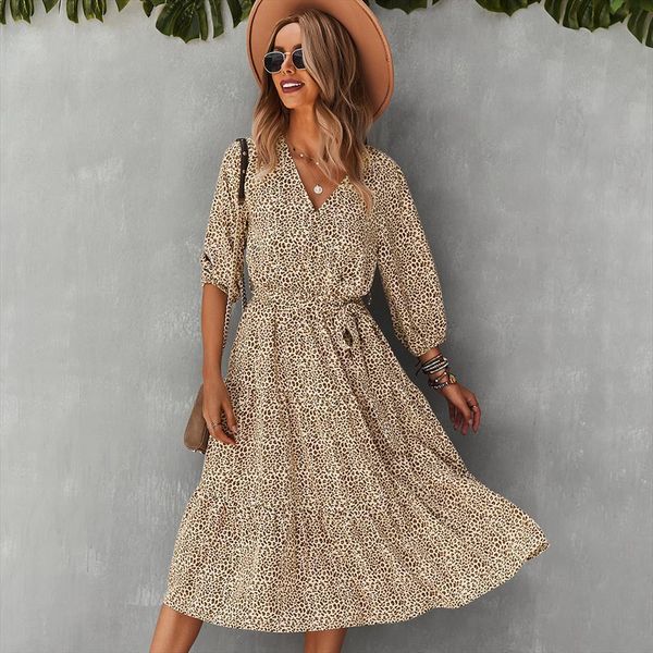 

autumn winter long leopard print womens dress casual v neck three quarter sleeve bandage maxi dresses female leisure, Black;gray