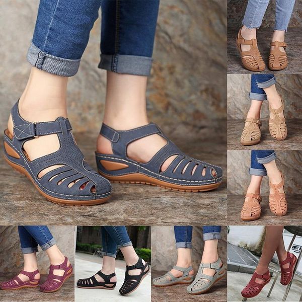 

women's sandals summer ladies girls leather vintage buckle casual sewing women shoes solid female platform, Black