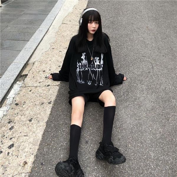 

women's t-shirt women gothic tshirt fashion 2021 korean style t shirt long sleeve streetwear oversize print cotton tee femme, White