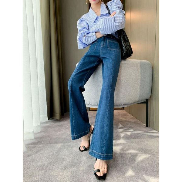 

women's jeans high waist wide leg micro flare denim pants vintage streetwear loose ladies elegant long, Blue