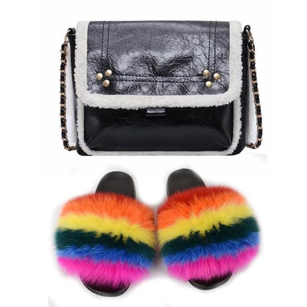 

summer women shoes flip flops extra fluffy luxury sandals furry slippers with bags to match real fur slides and purses sets, Black