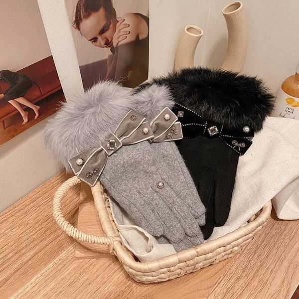 

five fingers gloves winter cashmere women fur warm wrist mitten touch screen outdoor driving full finger for lady, Blue;gray
