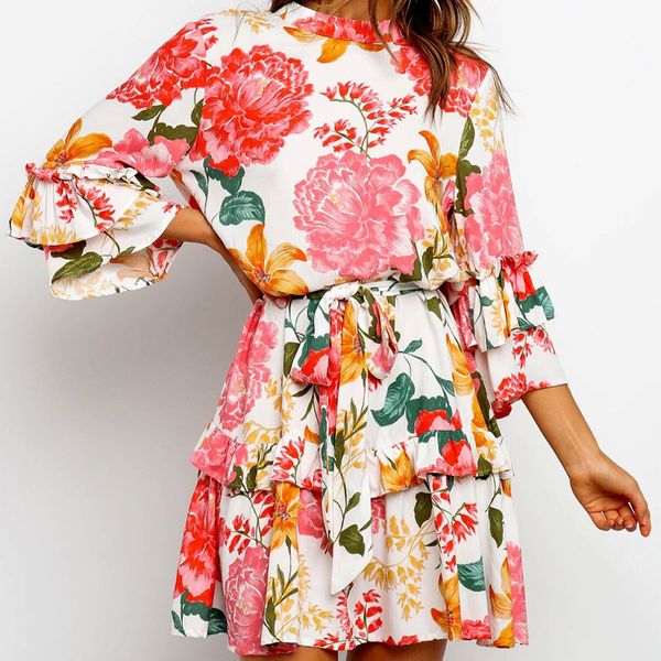 

sleeve 2020 autumn fashion printed round neck long tie waist dress, White;black