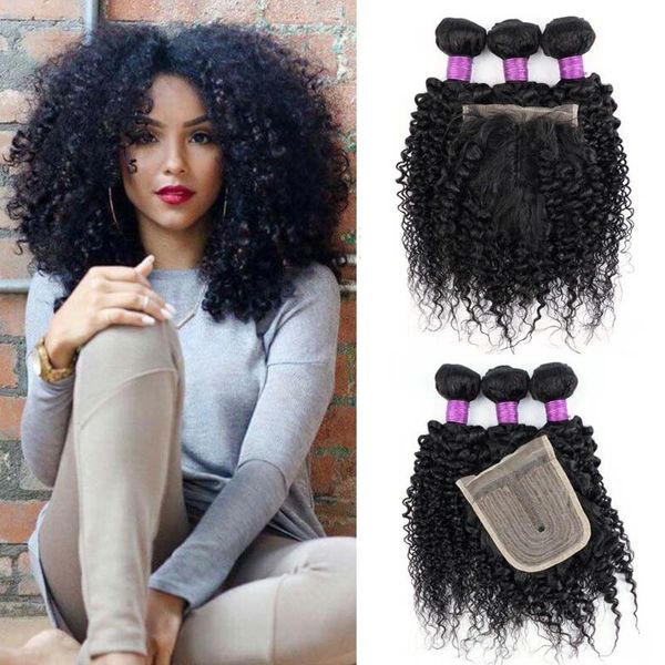

human hair bulks 3 bundles with lace closure middle part 200g/set dark brown black jerry curly remy weave 12-22 inch mogul