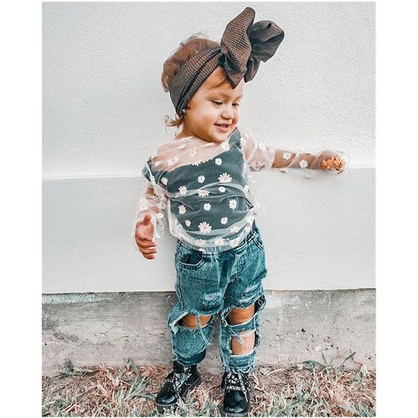 

clothing sets baby girl clothes set kid children undefined outfits daisy print vest mesh see through t-shirt denim pants jeans ropa beb, White