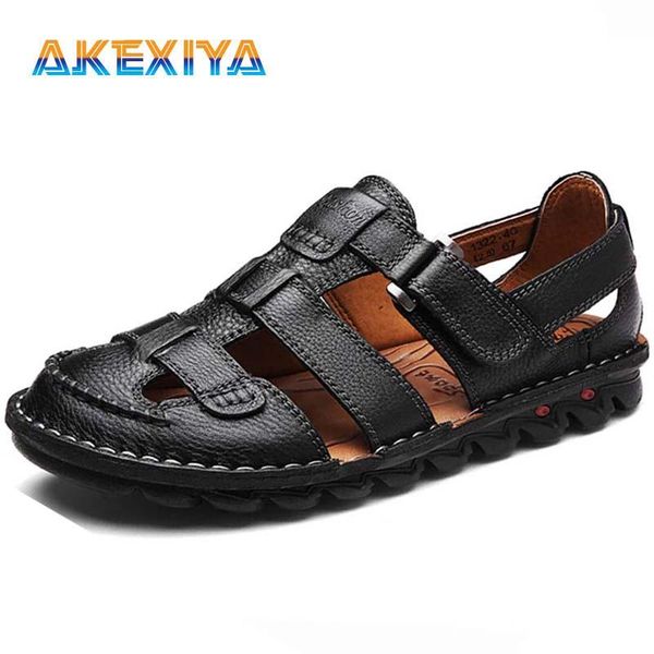 

sandals summer men's genuine leather outdoor non-slip handmade mens slippers shoes men beach soft breathable sneakes, Black