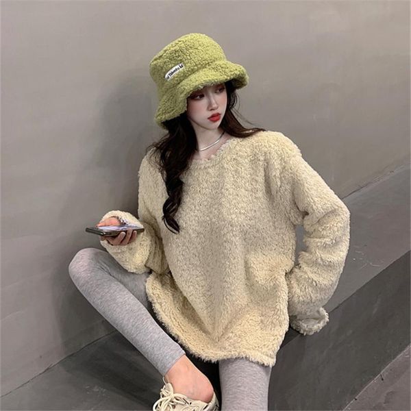 

oversize women soft plush pullover long sleeve o-neck fall winter casual sweatshirt fashion thick warm faux fur pullovers women's hood, Black