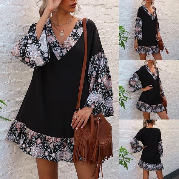 

casual dresses slim flared dress stitching printed v-neck long-sleeved, Black;gray