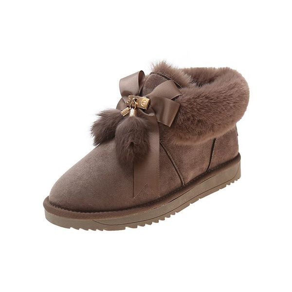 

boots yshunij 2021 winter bow hair ball snow flat bottom and velvet warm foot korean round-toe cotton shoes, Black