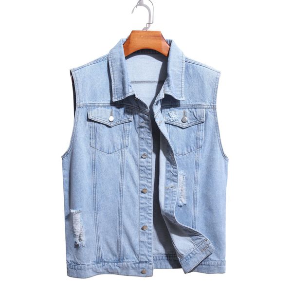 

men's vests men's denim vest simple fashion washed grinding white hole slim youth motorcycle foreign trade wholesale, Black;white