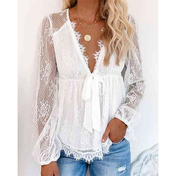 

spring women lace blouse shirt long sleeve loose bow white 210513