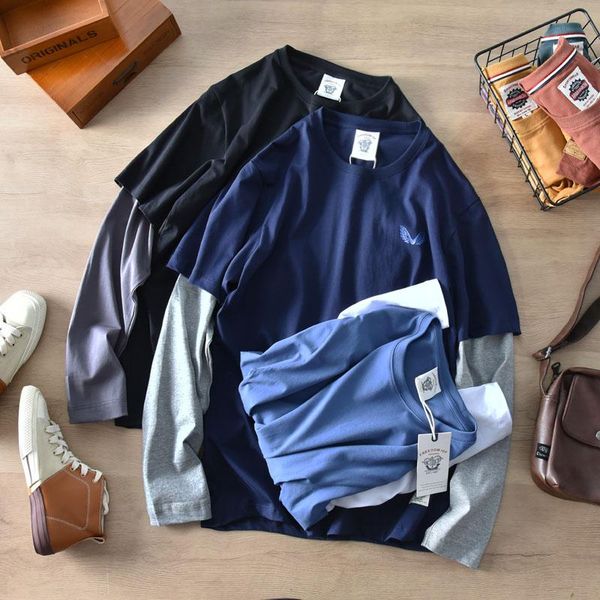 

men's t-shirts autumn japanese retro long sleeved fake two-piece t-shirt fashion pure cotton washed old loose casual couples, White;black