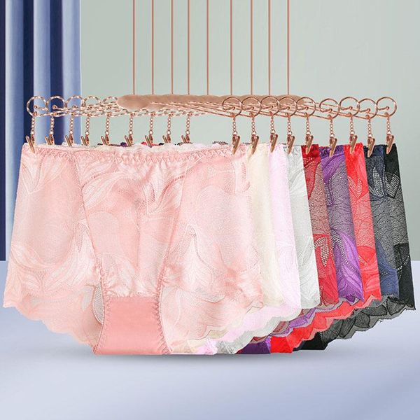 

women's panties fashion lingerie women soft underwear pure color breathable mid-waist translucent lace 1pcs elastic briefs, Black;pink