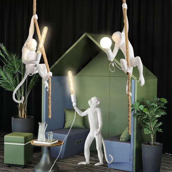 

pendant lamps retro art personalized creative chandelier restaurant cross-border monkey rope ceiling lamp wall resin