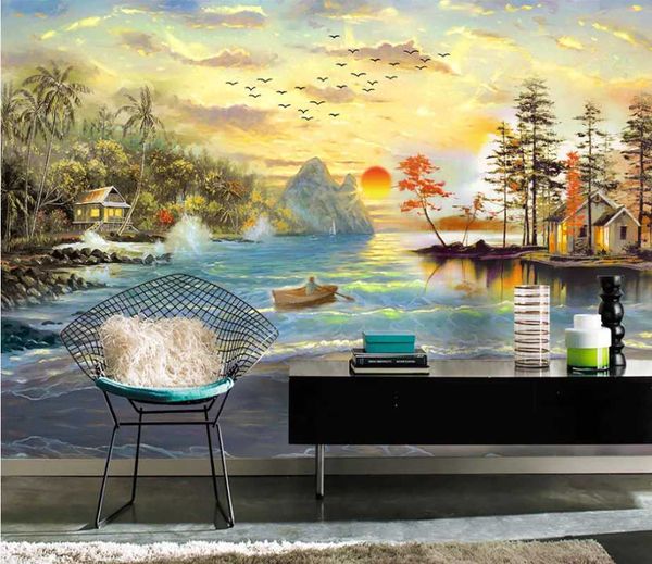 

wallpapers custom european pastoral village lake landscape oil painting tooling background wallpaper mural