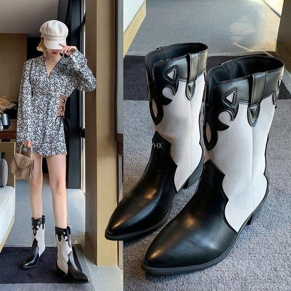 Boots 2021 Женская осень белая ковбойская винтаж западная лодыжка короткая кроссовка ретро высокие туфли с каблуком для женской девушки