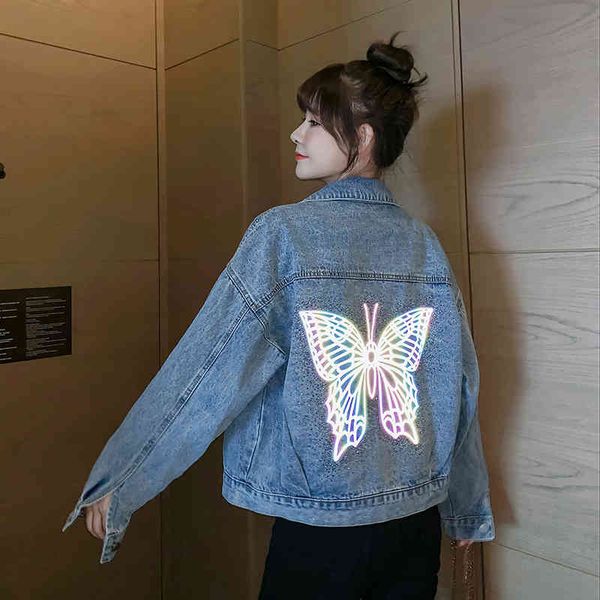 

spring female turn down collar single breasted long-sleeved print butterfly sequins denim jacket cardigan coat 8y776 210510, Black;brown