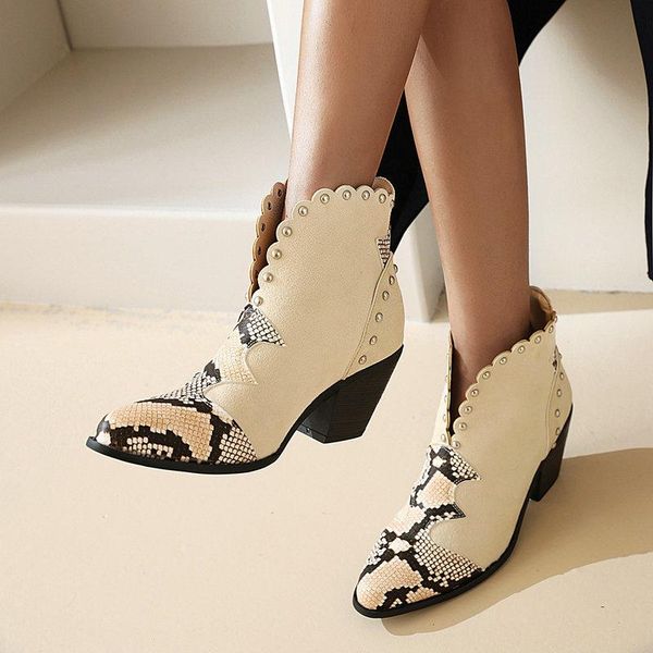 

boots aiweiyi women ankle female snake print autumn winter cowboy pointed toe wedge heel woman booties shoes, Black