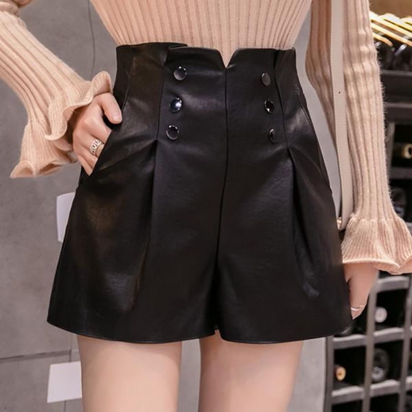 

women's shorts double breasted pu leather wide leg women autumn winter solid short feminino casual high waist ladies biker black, White;black