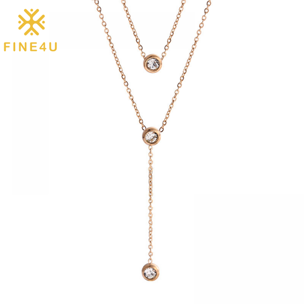 

pendant necklaces fine4u n904 layered necklace stainless steel round cubic zirconia double choker y lariat gifts for women, Silver