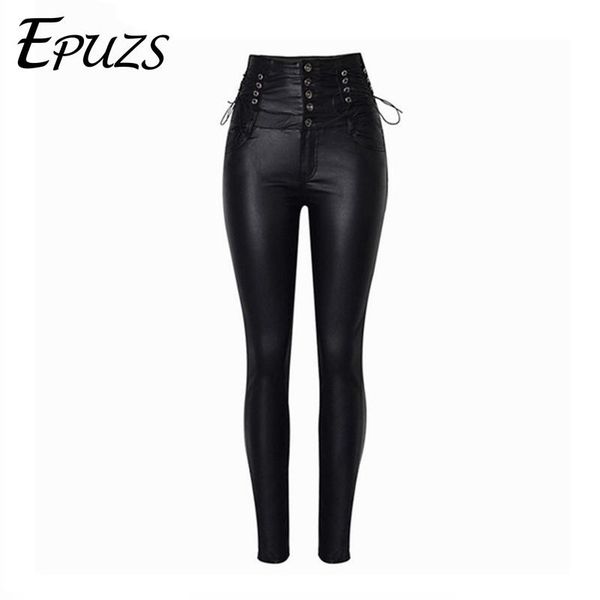 

women's pants & capris 2021 stretch black lace up leather women high waist hip hop long trousers streetwear plus size fur, Black;white