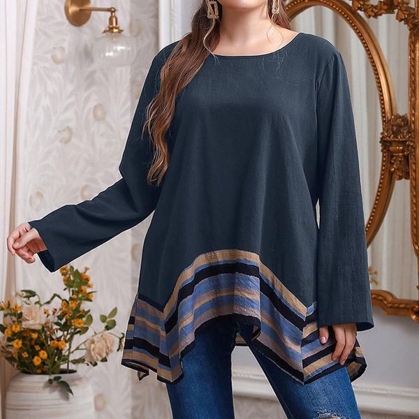 

plus size t-shirt 2021 autumn blouse long sleeve women striped print patchwork casual 5xl loose irregular ladies tunic, Black