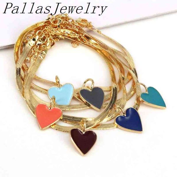 

10pcs elegant flat snake chain bracelets colorful enamel heart for women girls gold color metal adjustable girl /lady jewelry, Golden;silver