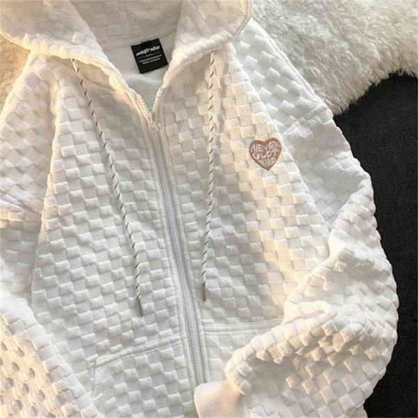 

waffle jacket zipper cardigan women's autumn 2021 thin design feeling loose bf lazy wind hooded sweater fashion, Black