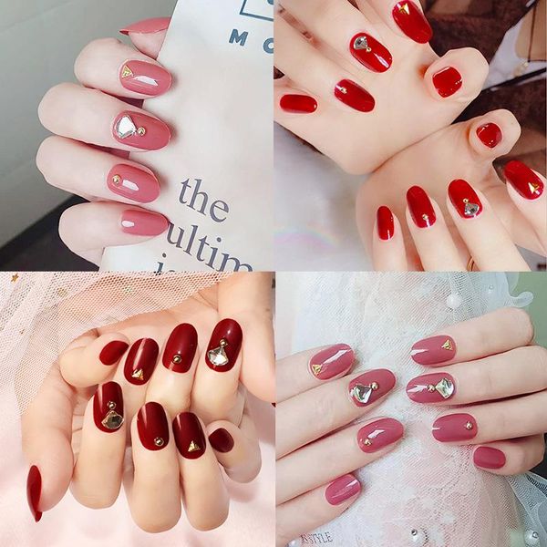 

false nails 24pcs red rhinestone crystal fake nail short round head french acrylic tips press on full cover manicure beauty tools, Red;gold